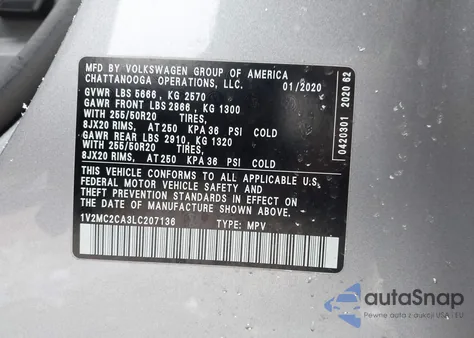 2020 Volkswagen Atlas Cross Sport 2.0T Sel/2.0T Sel Premium/2.0T Sel Premium R-Line/2.0T Sel R-Line from USA, damaged, VIN 1V2MC2CA3LC207136